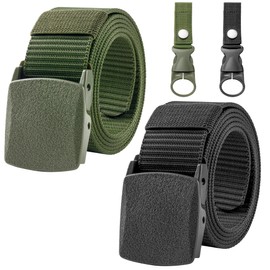 TirEurt Men’s Nylon Canvas Belt - 2pcs Adjustable No Holes Belt, Metal Free Quick Passage Through Airport Security Plastic Buckle Fabric Belt, Men's Work Belt with Hook for Jeans, Casual Wear