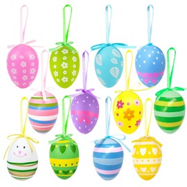 AIBAOBAO Ostereier zum Aufhängen, 24 Stück Ostereier Plastik, Ostereier Deko, Ostereier für Innen und Außen, Osterdeko mit Verschiedenen Stilstreifen, Punkten, Blumen, Kaninchen, Osterstrauchdeko