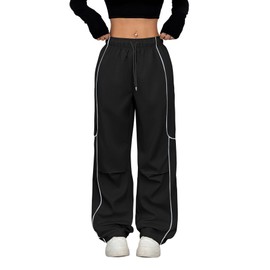 ZAFUL Parachute Pants for Women Sweatpants Y2K Contrast Pipping Cargo Trousers Jogger Pants with Pockets Black XXL