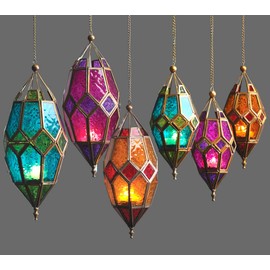 Moroccan Style Hanging Glass Tealight Lantern (Large Green/Blue)