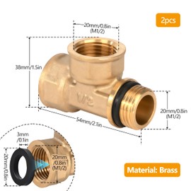 Brass T-piece, 2 pieces 1/2 inch female x female thread x male thread 90° thread fitting with rubber, metalwork brass pipe T-fitting for water, air, sanitary, drinking water