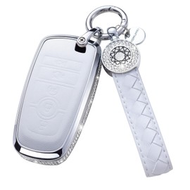 SHANGHONG for Ford Key Fob Cover with Keychain, Leather Crystal Key Case Protector Compatible with Ford Fusion F150 F250 F350 F450 F550 Edge Explorer Smart Remote Key, White