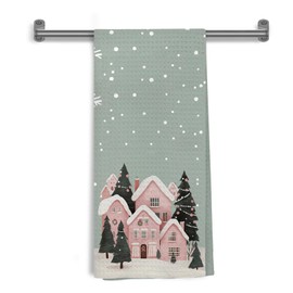 Christmas Winter Kitchen Towels Decorative, Winter Snowy Pink Town Christmas Hand Tea Towels for Bathroom, Xmas Snowflakes Holiday Dish Towel Dishcloth, 16x24 Inch