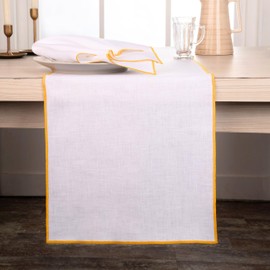 D'Moksha Homes White Table Runner with Yellow Embroidered Trim 14 x 72 Inch - 100% Pure Linen Table Runner 72 inches Long - Farmhouse Dining Table Runner for Easter, Easy Care Machine Washable