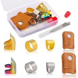 33pcs Hand-Working Sewing Thimble Set, 23 PCS Large Eye Sewing Needles with Adjustable Metal Finger Shield Ring, Leather Coin Finger Protectors, Sewing Thimble Rings Cap for Knitting Quilting Craft