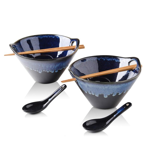 KOOV Porcelain Japanese Ramen Bowls with Chopsticks and Spoons, 26 Ounce, Deep Pho Bowl, Reactive Glaze (Blue Galaxy), Set of 2