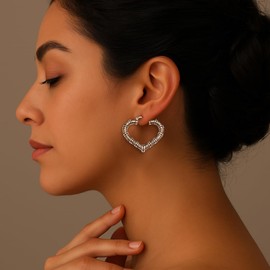 LeCalla 925 Sterling Silver Bamboo Style Hoop Earrings for Women | Antique Heart Shaped Bamboo Hoop Earring | Romantic Jewelry Gift for Her – Valentine’s Day, Anniversary, Birthday 37MM