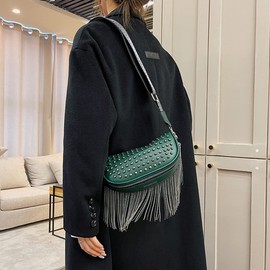 Women Waist Bag Girls Leather Fanny Pack Glitter Rhinestone Tassel Crossbody Shoulder Bag Rivet Chest Bag (A+Green)