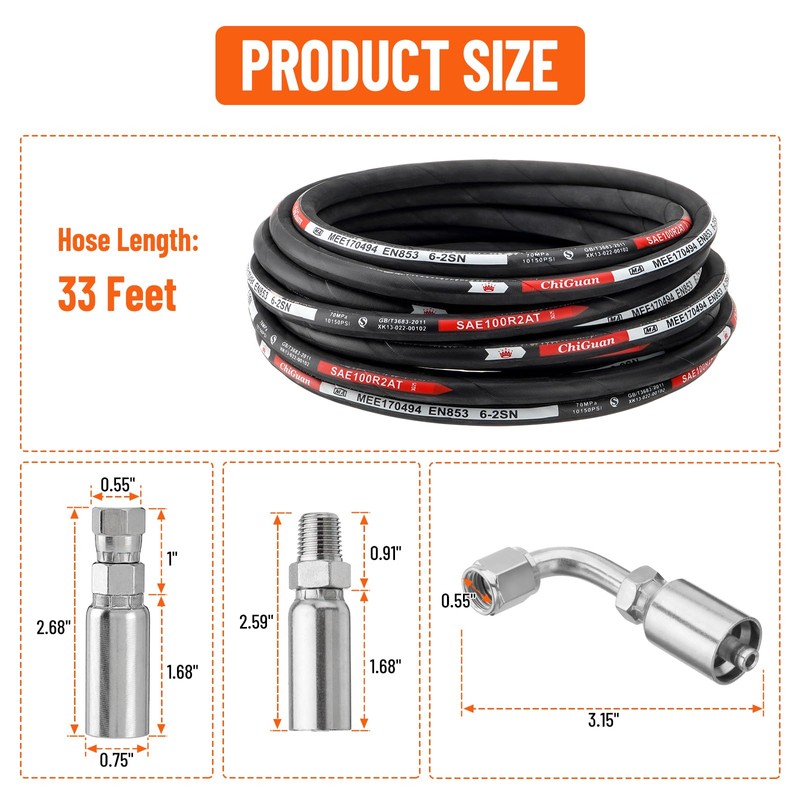 Racewill 33FT 1/4" Hydraulic Hose with 16PCS Hydraulic Hose Fittings