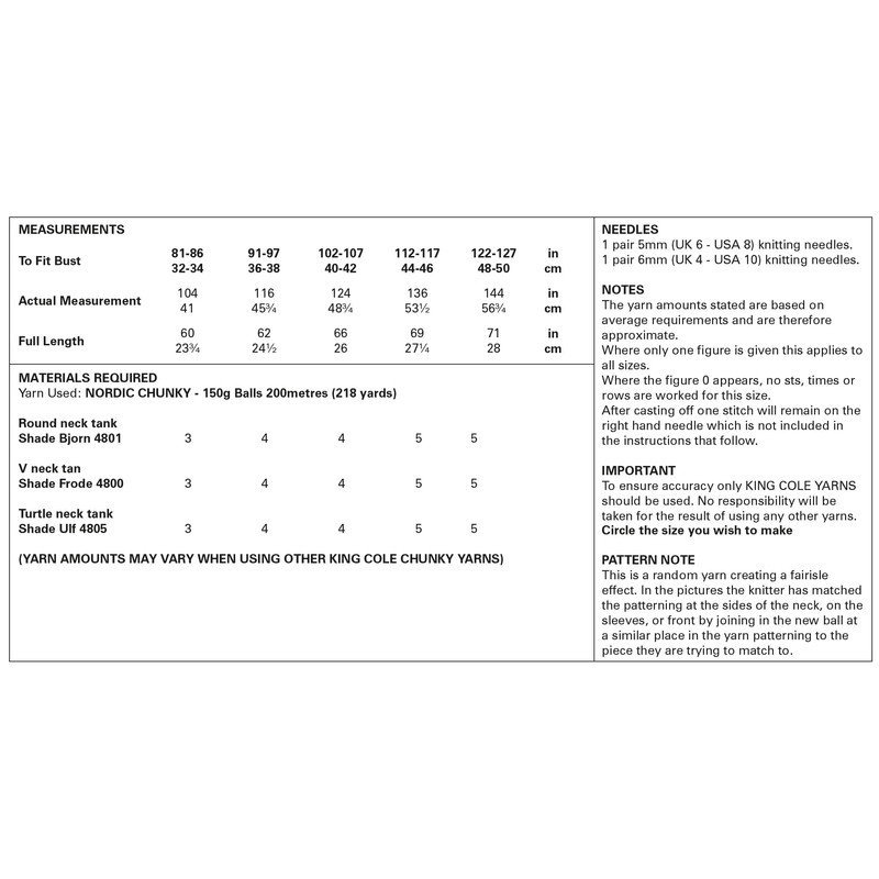 King Cole 5905 Adult Chunky Tank Tops Knitting Pattern