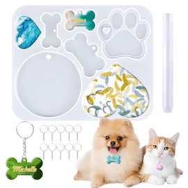 Pet Tag Resin Mold, Collar Tags Dog Bone Dog Paw Round Shaped Keychain Mold, Pet ID Tag Epoxy Silicone Casting Molds with 6Pcs Key Rings, DIY Making Handmade Tag Charm Pendant