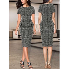 VFSHOW Womens 2025 Spring Summer Tweed Peplum Work Business Office Dresses Pleated Crew Neck Pencil Sheath Bodycon Dress (Black and White, Medium) 11769 BLK M