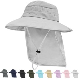 Sun Hats for Men Women,50+ UPF Safari Hat,Wide Brim Fishing Hat with Neck Flap,Foldable Bucket Hats for Summer Fishing Hiking Lightgrey