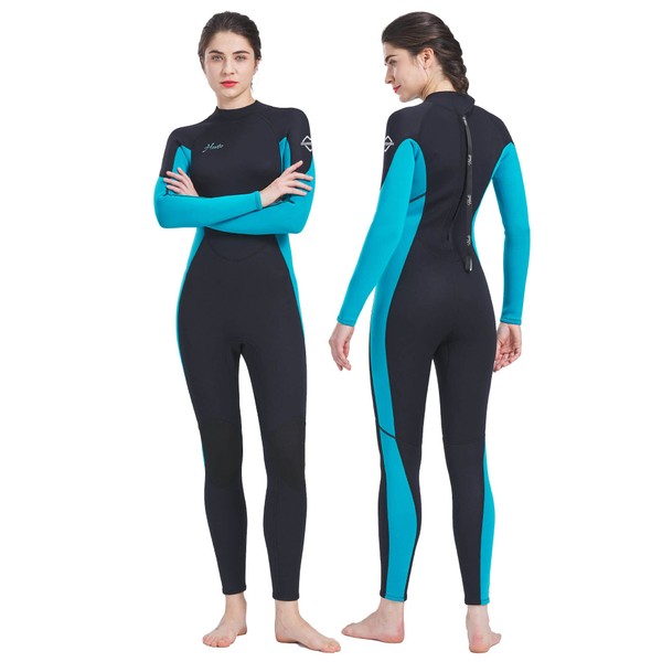 Hevto Women Wetsuits 3mm Neoprene Full Diving Wet Suit Surfing Keep Warm in Cold Water Back Zipper for Swimming SUP (W01-Blue1, XL)