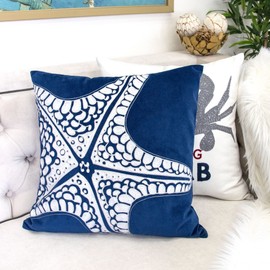 Homey Cozy Embroidery White Velvet Starfish Throw Pillow Cover,Summer Sea Nautical Decorative Pillow Case Coastal Beach Theme Home Decor 20x20,Cover Only