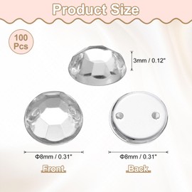 sourcing map 100Pcs Flat Back Sew on Rhinestones Beads, 8mm Clear Crystal Round Gems with Hole for Craft Clothing Decorations, Clear
