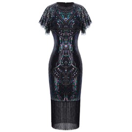 FAIRY COUPLE 1920s Knee Length Flapper Party Dress Layer Tassels Hem Sequined Cap Sleeve Cocktail(XL,Black)