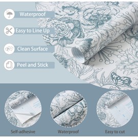 Toduso Peel and Stick Wallpaper Blue Floral Wall Paper Vintage Removable Wallpaper for Bedroom Bathroom Kitchen Waterproof Contact Paper Cabinet Vinyl Rolls 17.3"x118.1"