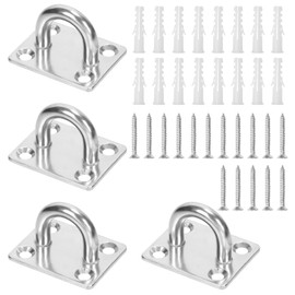 Swpeet 4Pcs M5 304 Stainless Steel Silver Square Pad Eye Plate Hook with Screws and Plastic Anchors Assortment Kit, Marine Hardware Hooks Ceiling U Hook Staple Ring Hooks for Securing Hanging