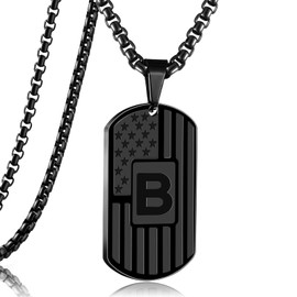 RWQIAN Black American Flag Initial Dog Tag Necklace for Men Boys, Stainless Steel Letter B with 24 Inch Chain Military Pendant Jewelry Gift for Valentine's Birthday Christmas Anniversary Fathers Day
