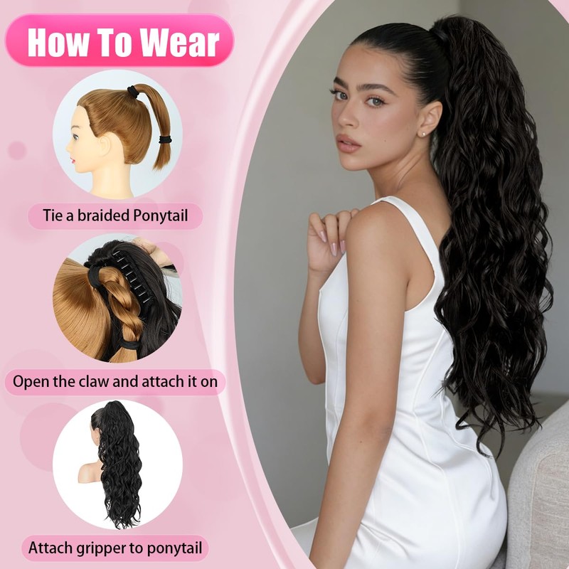 LRSICAL Ponytail Extension, Claw Clip Ponytail Extensions Long Wave Black