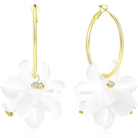 Ricarmo Bohemian 14K Gold Plated Acrylic Resin Tiered Floral Lightweight Dangle Drop Earrings Aesthetic Crystal Flower Petal Hoop Earrings For Women (White)