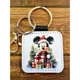 Square Key Chain Backpack Tag PU Leather Christmas Tree Holiday Santa Mickey RTS