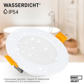 EMOS Exclusive Recessed LED Spotlights 230 V, 5 W, 500 lm, 3000 K Warm White, Set of 3 Downlight LED Spotlights, Bathroom etc., Waterproof IP54, LED Recessed Spotlight, 230 V, Round, Diameter 95 mm,