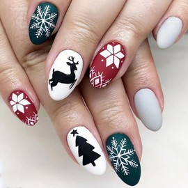 Christmas Press on Nails Medium Almond Snowflake Fake Nails, Xmas Deer Tree Acrylic Nails, Matte False Nails Kits Salon Quality Winter Stick Glue on Nails Tip 24 Pcs