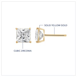 KIERA 10K Real Solid Gold Stud Earrings for Women | 10K Yellow Gold Princess Cut Solitaire Studs | 4 carat Cubic Zirconia CZ Diamond Simulant
