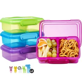 Greentainer Plastic Snack Containers for Kids, 4 Pack Bento Boxs with 2 Compartments Travel Snack Container Sandwiches/Fruits/Candies Food Storage Containers BPA Free Dishwasher Safe-Colourful