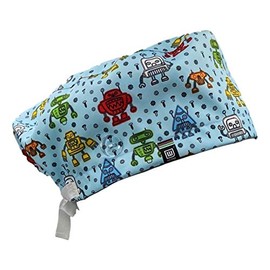 WEARK Surgical Health Hat Women Men Nurse Dentist Medical Pediatrician Long Hair with Buttons and Front Sweatband – (Robot)