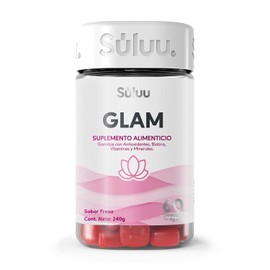 Súluu Glam | Gomitas Vitaminadas, Cabello, Piel y Uñas Fuertes y Sanas, Previene Caída del Pelo | 60 Gomitas | Sabor Fresa | Biotina, Vitamina A, Betacaroteno, Vitamina C, Vitamina E, Selenio y Zinc | Sin Gluten