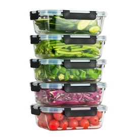 WWYH.DSS 5-Piece Set, 36 oz Glass Meal Prep Containers with Snap-Lock Lids, Airtight Lunch Containers, Microwave, Oven, Refrigerator & Dishwasher Safe,Black
