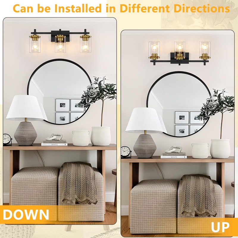 Spiglamm 3-Lights Black and Gold Bathroom Light Fixtures Over Mirror,