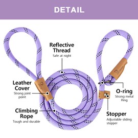 Petarea Correa deslizante para perro de 5 pies, correa de cuerda resistente para perros pequeños, medianos y grandes, correa de entrenamiento sin tirones con hilo reflectante, correa de bucle fuerte y cómoda (rayas de lavanda, mediano (3/8 pulgadas)