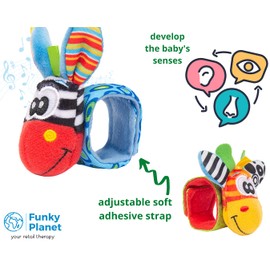 Funky Planet Sozzy Socks Babyspielzeug - Sensorisches Spielzeug für Babys - Baby-Fußrassel - Baby-Hand-Fuß - Baby-Sensorikspielzeug - Baby-Rassel 4 Stück