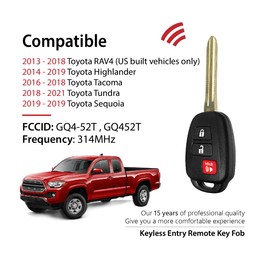 Keylessbest Key Fob Remote Replacement for 2019 2020 2021 Toyota RAV4 Highlander Tacoma 3 Buttons 314MHz GQ4-52T,Black