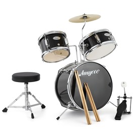 GarveeLife Drum Set, 3 Piece Junior Drum Set with with Cymbal, Tom, Bass Drum, Drumsticks, Bass Pedal and Drum Stool, Beginner Musical Instruments,Black