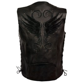 Milwaukee Leather MLL4505 Women's Black Leather Side Lace Motorcycle Rider Vest- Reflective and Studded Black Wings - X-Small