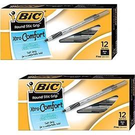 BIC Round Stic Grip Xtra Comfort Ball Pen Fine Point .8 mm Black 2DOZEN GSFG11-BE