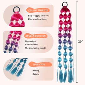 Colored Hair Extansions,2Pcs Gltyley 20" Lightweight Rainbow Bubble Ponytail Extensions for Kids,Braids Hair Extensions with Hair Tie,Crazy Hair Day,Festival Rave Accessories for Girls,Pink to Blue