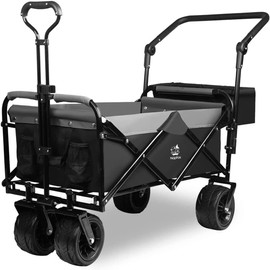 Collapsible Folding Wagon Cart Utility Wagon with Rear Bag Adjustable Push Pull Handle, All Terrain Beach Wagon with Big Wheel for Sand, Heavy Duty Foldable Beach Cart for Sand (Black-Gray)