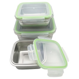 HTIAM Stainless Steel Food Containers, 3-Piece Set with Lids, Reusable for Breakfast, Lunch, Dinner, Snacks Bento Box Square Lunch Box 400/750/1200ml