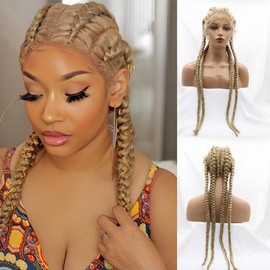 Angle Lucky Blonde Box Braided for Women Hand-Braided #613 Blonde 4 Twist Nature Hairline Wig Synthetic Lace Frontal Braided Wig Afro Long Cornrow Braids Wig Cosplay Party