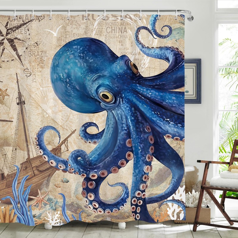Dazzlewall Octopus Shower Curtain Retro Nautical Blue Bathroom Curtain Sea
