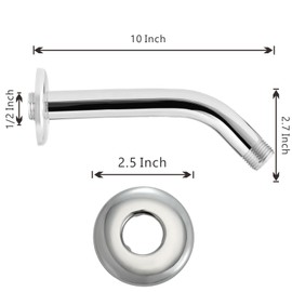 Shower Arm with Flange and Teflon Tape, Voolan 10'' Extension Shower Head Arm for Bathroom Fixed Shower Head, Solid Stainless Steel, Wall Mounted (Chrome)