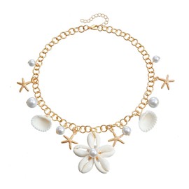 Shell Starfish Necklace Gold Seashell Necklace Sea Shell Pearl Choker Necklace Conch Necklace for Women Hawaiian Beach Jewelry (shell flower pendant)