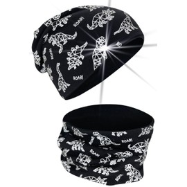 HECKBO 360° Reflector Children's Hat & Loop Scarf Set - 95% Cotton - Soft & Easy-Care Stretch Material - Beanie Spring Autumn Winter, Dinosaurs
