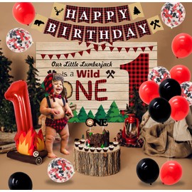 Lumberjack First Birthday Party Decorations, Buffalo Plaid Camping Backdrop Wild one Happy Birthday One High Chair Banner for Bear 1st Birthday Party supplies